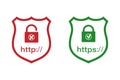 Http and https protocols on the shield with a lock. Safe and reliable browsing . Vector illustrations.